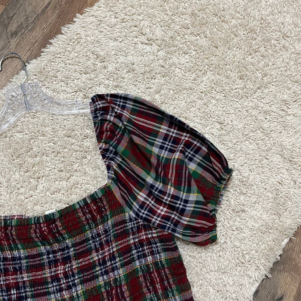 American Eagle Medium Plaid Smock Puff Sleeve Ruffle Square Neckline Top - Picture 3 of 6